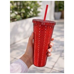 Red Textured Acrylic Tumbler Cup with Straw | 16oz Reusable Cold Drink Cup, New